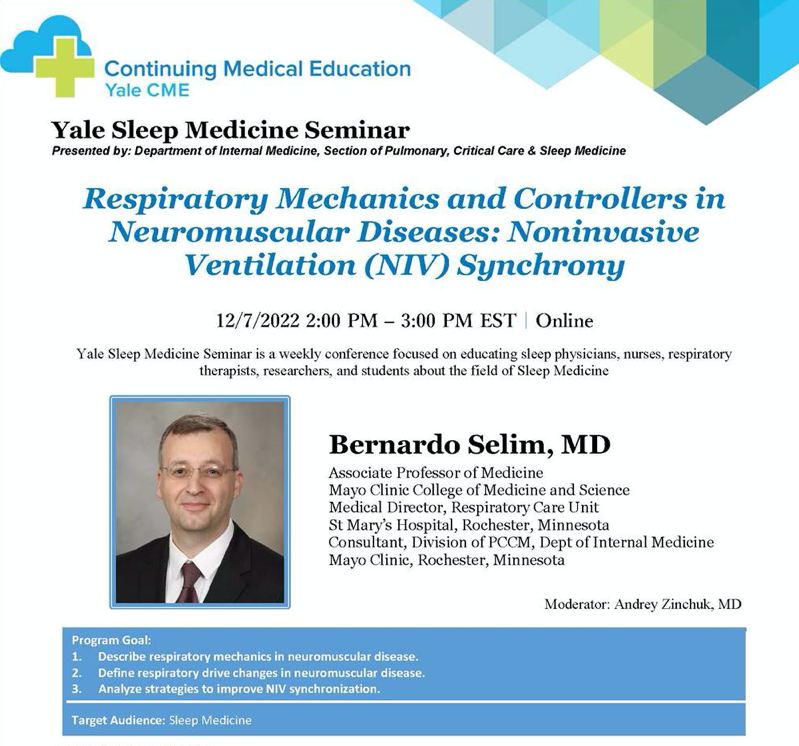 JanetHilbertMD's tweet photo. Next week, we have the honor of hosting former @YalePCCSM fellow and current  @MayoClinic faculty, Dr Bernardo Selim for @Yale @sleep seminar. Please join for this virtual conference! #YaleSleep https://t.co/BNf3IuWo2a