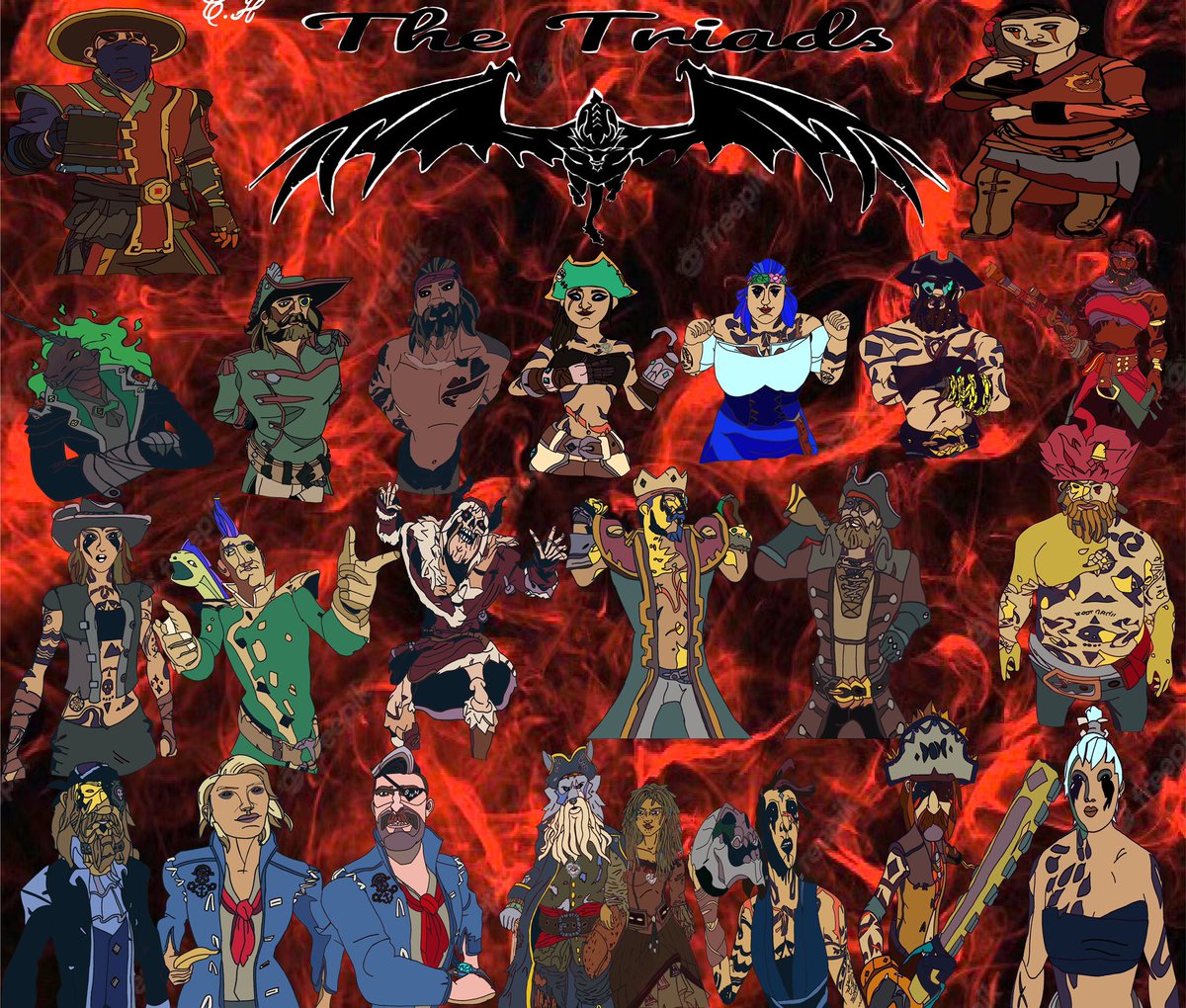 Captainhound8's tweet photo. Lady’s and gentleman I give you the Triads these are some of the best of pirates I’ve ever hung out with haven’t sailed with the few others yet but still some of the best of friends I’ve ever sailed with @LordVonDrake @RaineVondrake @GraysinSky @CptDazzen @Finn_Stitch @ooharmi https://t.co/DhpoEHtqVf