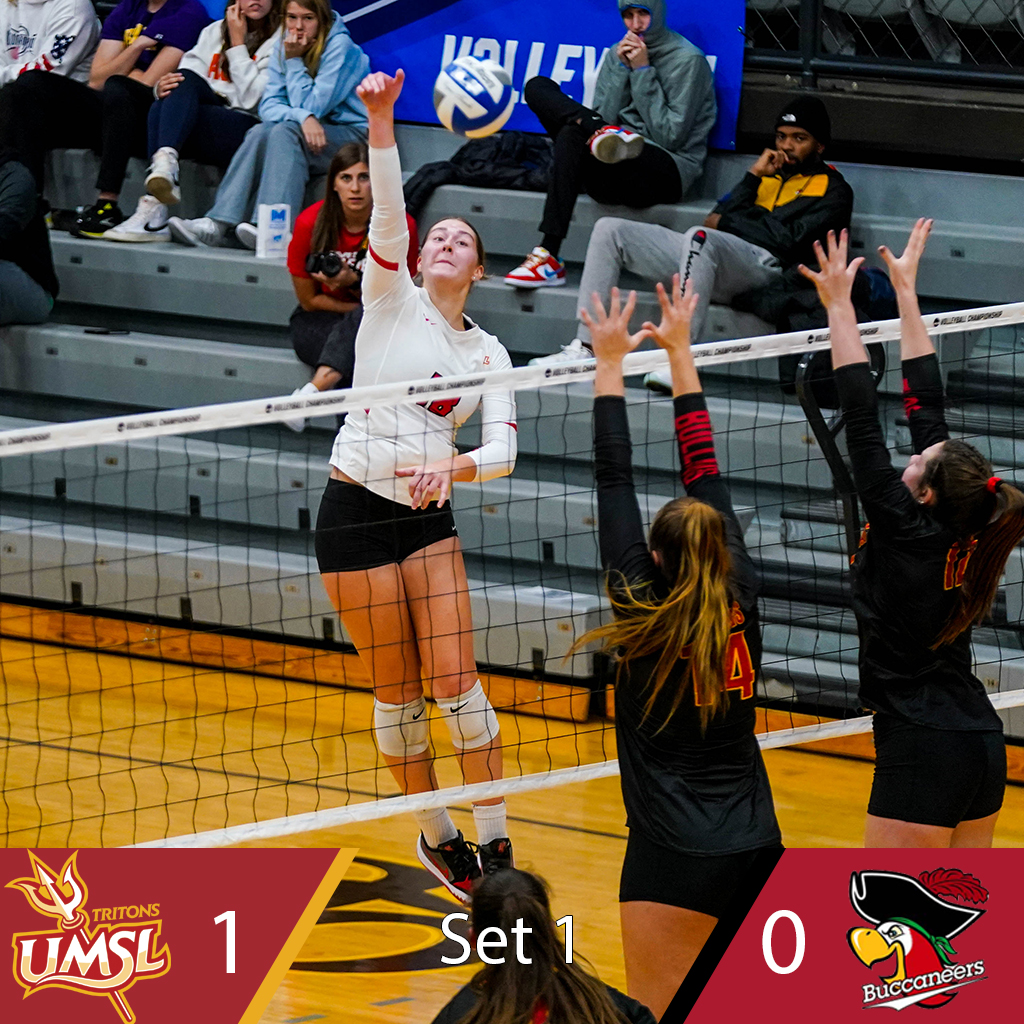 UMSLAthletics's tweet photo. .@UMSLVolleyball takes set 1 over Barry 25-18. Lexie Rang had four kills in the set #GLVCvb #D2Festival #fearthefork #tritesup https://t.co/mHvcmumTYQ