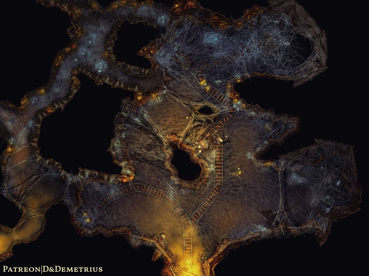 Giant Spider Lair [50x38]- Old Gold Mine Variant
An old gold mine, where swarthy workers picked away throughout the scorching days to unearth the valuable ore, a lot of which can still be found inside mining carts and crates, a tempting sight to any adventurer!