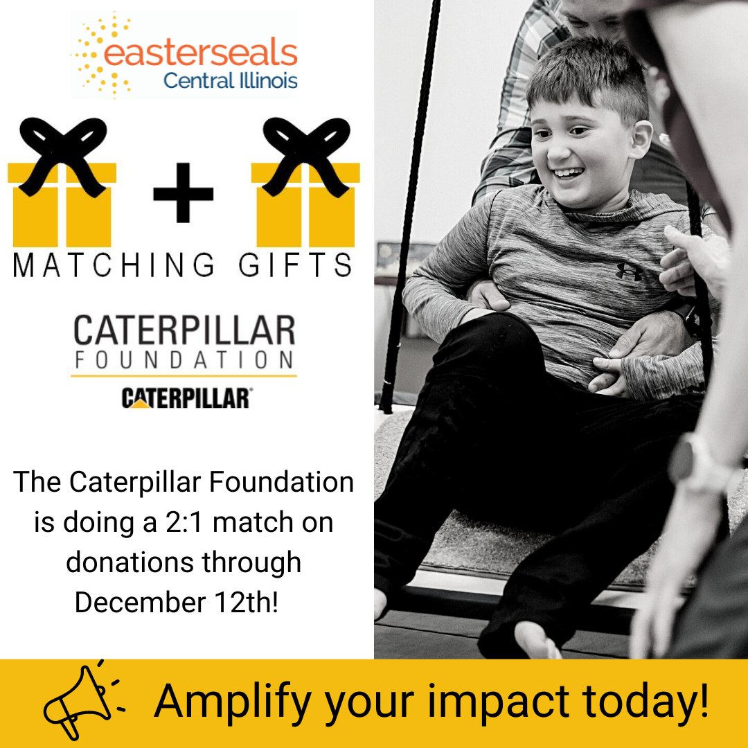 The Caterpillar Foundation is doing a 2:1 match on donations to Easterseals Central Illinois through December 12th! You can amplify your impact this holiday season. 

Step 1: Donate: esci.link/givenow Step 2: apply the match: esci.link/catmatch
