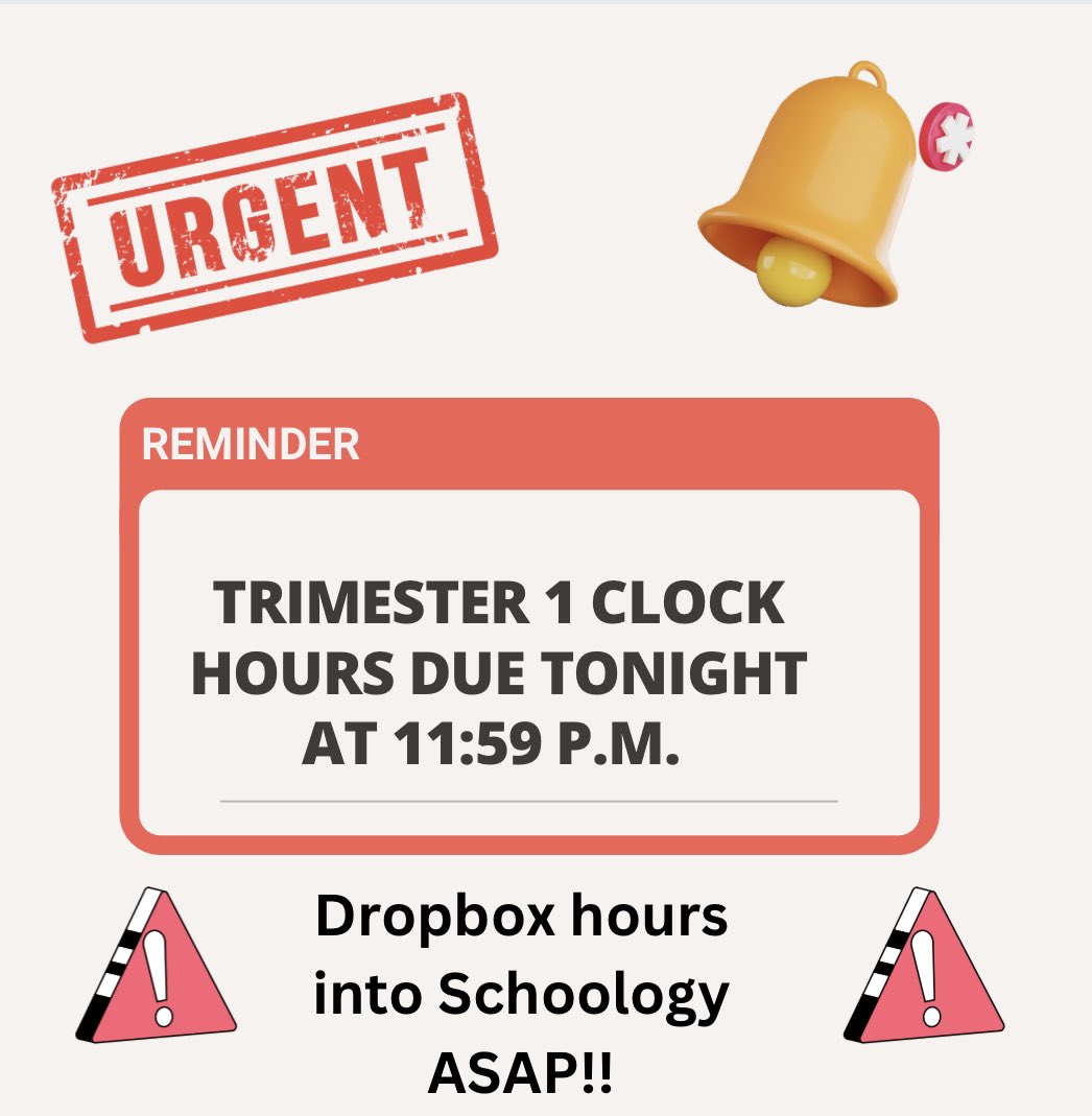 ‼️Urgent Update‼️
Last call to submit trimester 1 hours. Dropbox to Schoology immediately!!!