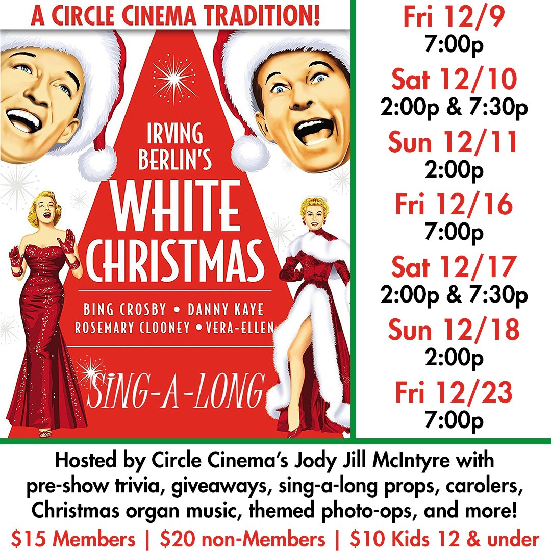 circlecinema's tweet photo. Tickets are going fast for our annual White Christmas sing-a-long! Get yours before we sell out! Join in with the timeless Christmas tunes plus trivia and prizes, photo-ops in the lobby! Don't miss out on this fantastic holiday experience!
#CircleCinema #WhiteChristmas #Singalong https://t.co/Ctlzrh665L