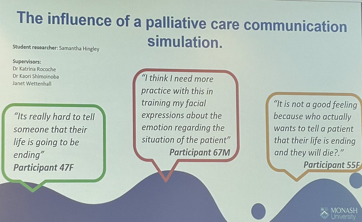 utsSoNM's tweet photo. A thought provoking presentation ‘Palliative care communication simulation for undergraduates’ @empathyEd #empathyEd22 by Samantha Hingley @KRecoche Kaori Siminoaba, Janet Wettenhall @MonashUni https://t.co/LD2VRZ1zBM