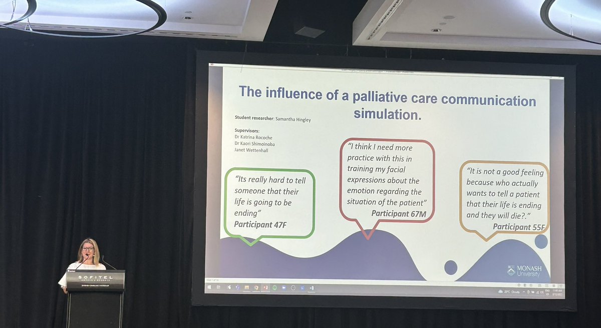 utsSoNM's tweet photo. A thought provoking presentation ‘Palliative care communication simulation for undergraduates’ @empathyEd #empathyEd22 by Samantha Hingley @KRecoche Kaori Siminoaba, Janet Wettenhall @MonashUni https://t.co/LD2VRZ1zBM