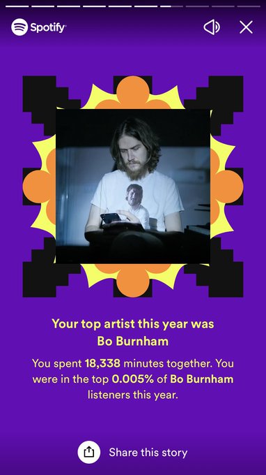 i found this spotify wrapped of someone who listened to 18,338 minutes of bo burnham this year. that’s