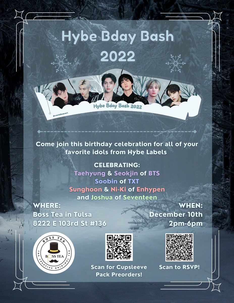 vantebearsales's tweet photo. If you are in the Tulsa area, be sure to check out the Hybe Bday Bash cupsleeve event at Boss Tea!! All info below!

Preorder cupsleeve packs here: https://t.co/nKqXN3jogD
RSVP here: https://t.co/yxqGmp1Ym8

#cupsleeveevent #hybelabels #bts #txt #enhypen #seventeen #kpopcupsleeve https://t.co/802dwxujwG