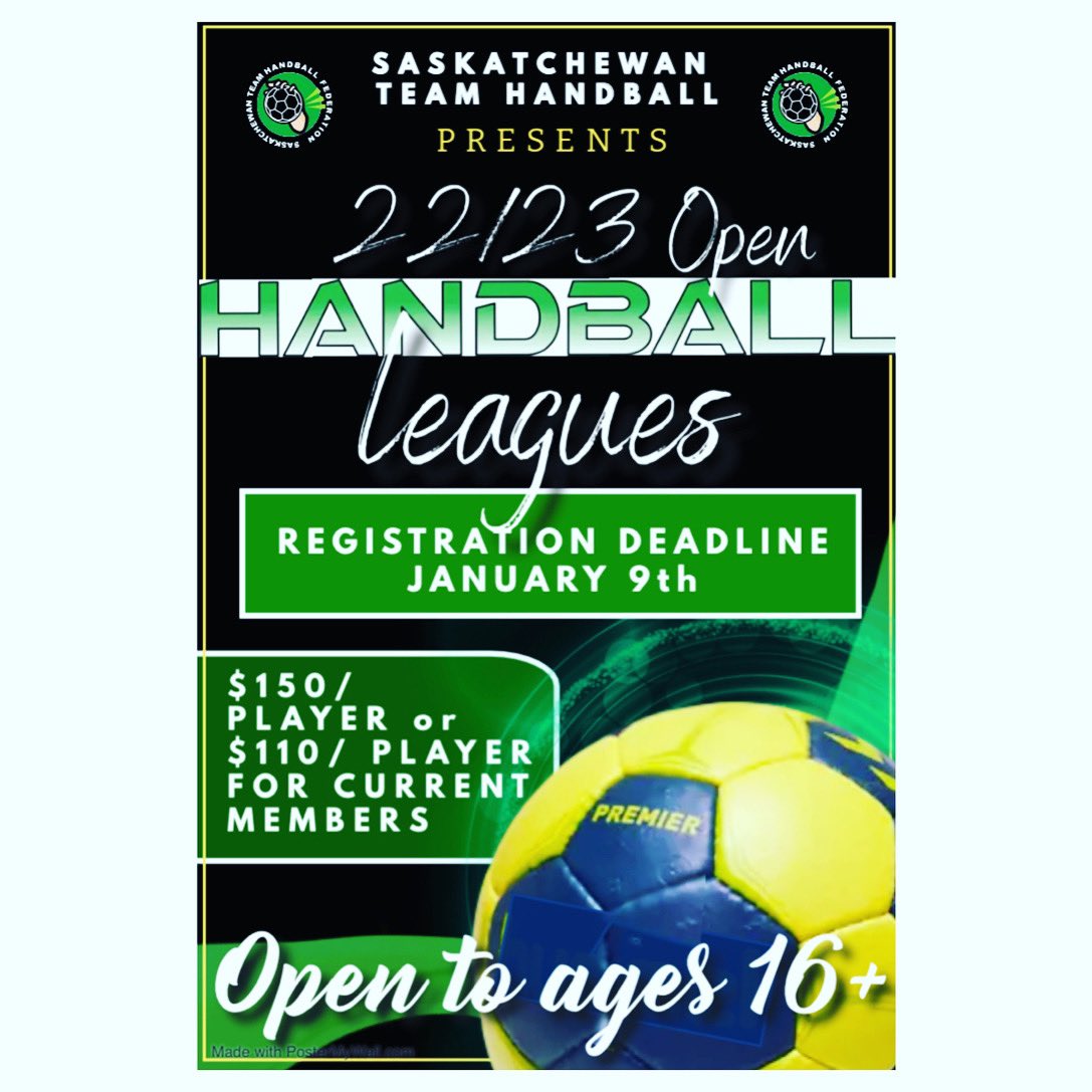 saskhandball's tweet photo. Session #2 of men’s and women’s leagues are open. 
150/player-includes yearly membership
110/ player for current members

Deadline to register is Jan 9th
League begins January 20th, 2023

Games run Friday and/or Sunday nights dependent on number of teams registered https://t.co/EwZBZzFzlq
