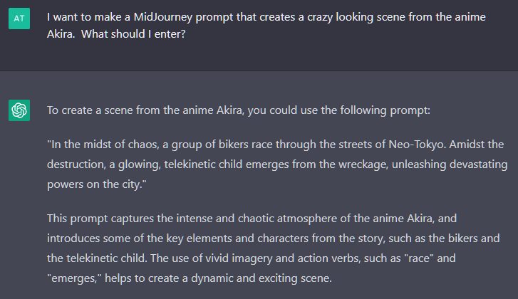 FA9541's tweet photo. ChatGPT is crazy.  I asked it what prompt I should enter to get a desired scene in #MidJourney and these are the results when I entered the prompt. https://t.co/IV4c2f58ml