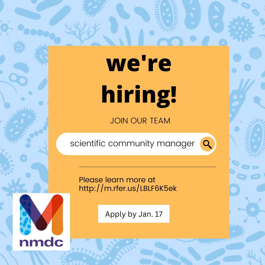 MicrobiomeData's tweet photo. 📣 JOIN OUR TEAM! NMDC is hiring a Scientific Community Manager! This exciting role supports our ongoing Ambassador and Champions programs, as well as training activities and data stewardship best practices. 🦠 Learn more at https://t.co/k82FxCPd0h https://t.co/OnwgETNHe0