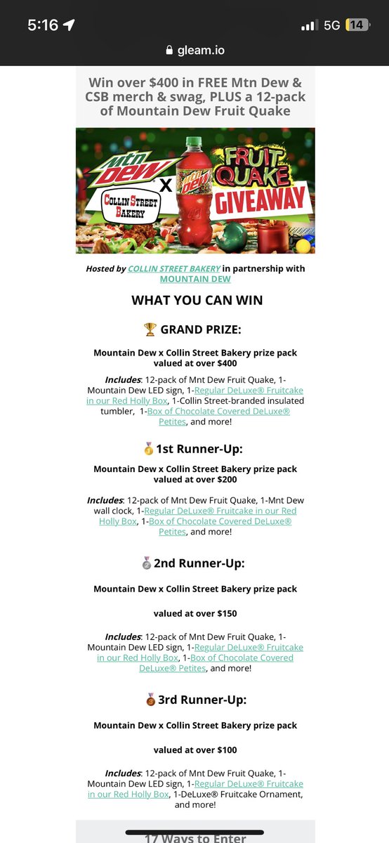 TeamSupernovaFB's tweet photo. Giveaway alert!! @MountainDew x @CollinStreet!! Look at these awesome prizes you can win!! Enter now!!! https://t.co/x4Ezrtit24
#giveaway #mtndew #freebies #contest #fruitquake #fruitcake https://t.co/7hP9CR1Z5n