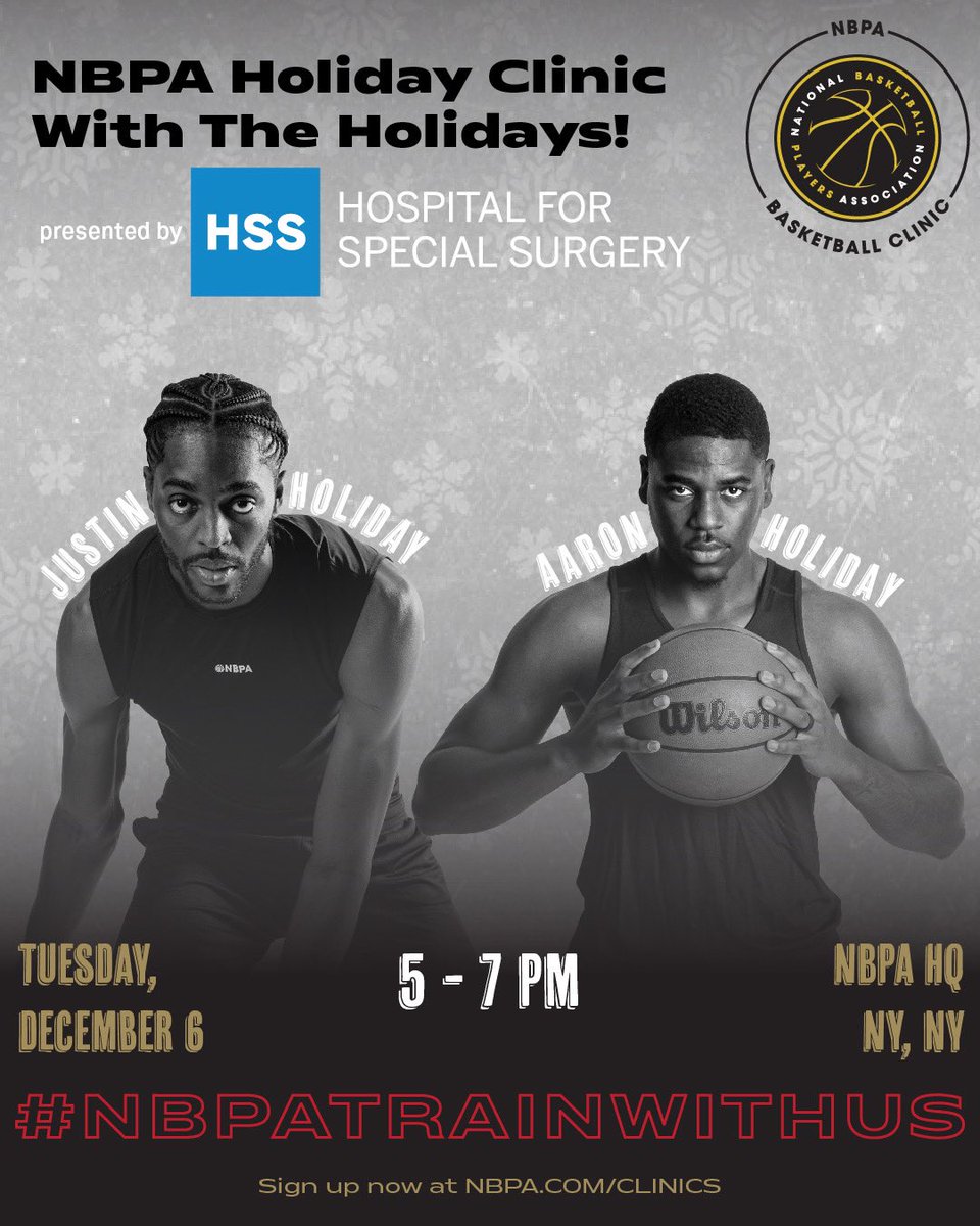 Join me and @the_4th_holiday in NYC for @theNBPA Holiday Clinic presented by @HSpecialSurgery! #NBPATrainwithUS   📍 NBPA HQ 🗓 December 6th ⌚️ 5-7PM   Sign up here: nbpa.com/clinics
