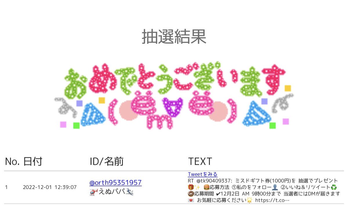 tk90409337's tweet photo. ファストフードロト

ミスドギフト(1000円)当選者様🎁✨

@orth95351957

おめでとうございます🎉
DM行きますのでお待ちください。 https://t.co/Lvy1jrx0TW