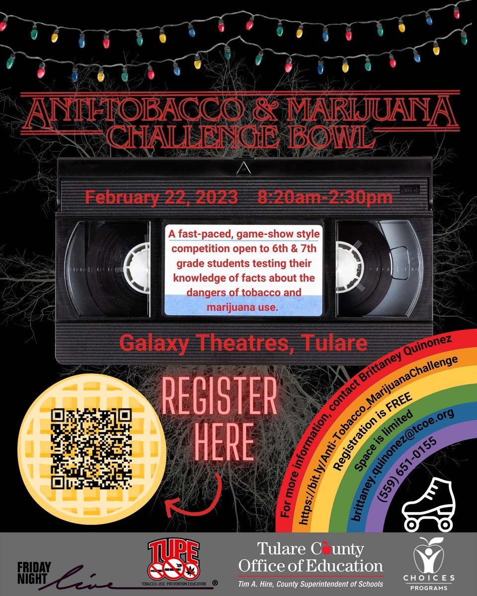Register your 6th- or 7th-grade team for TCOE's annual Anti-Tobacco &amp; Marijuana Challenge Bowl, February 22, 2023.

Teams will compete in a fun, game show style event to test their knowledge of the dangers of tobacco and marijuana use. 

Register at: bit.ly/Anti-Tobacco_M….