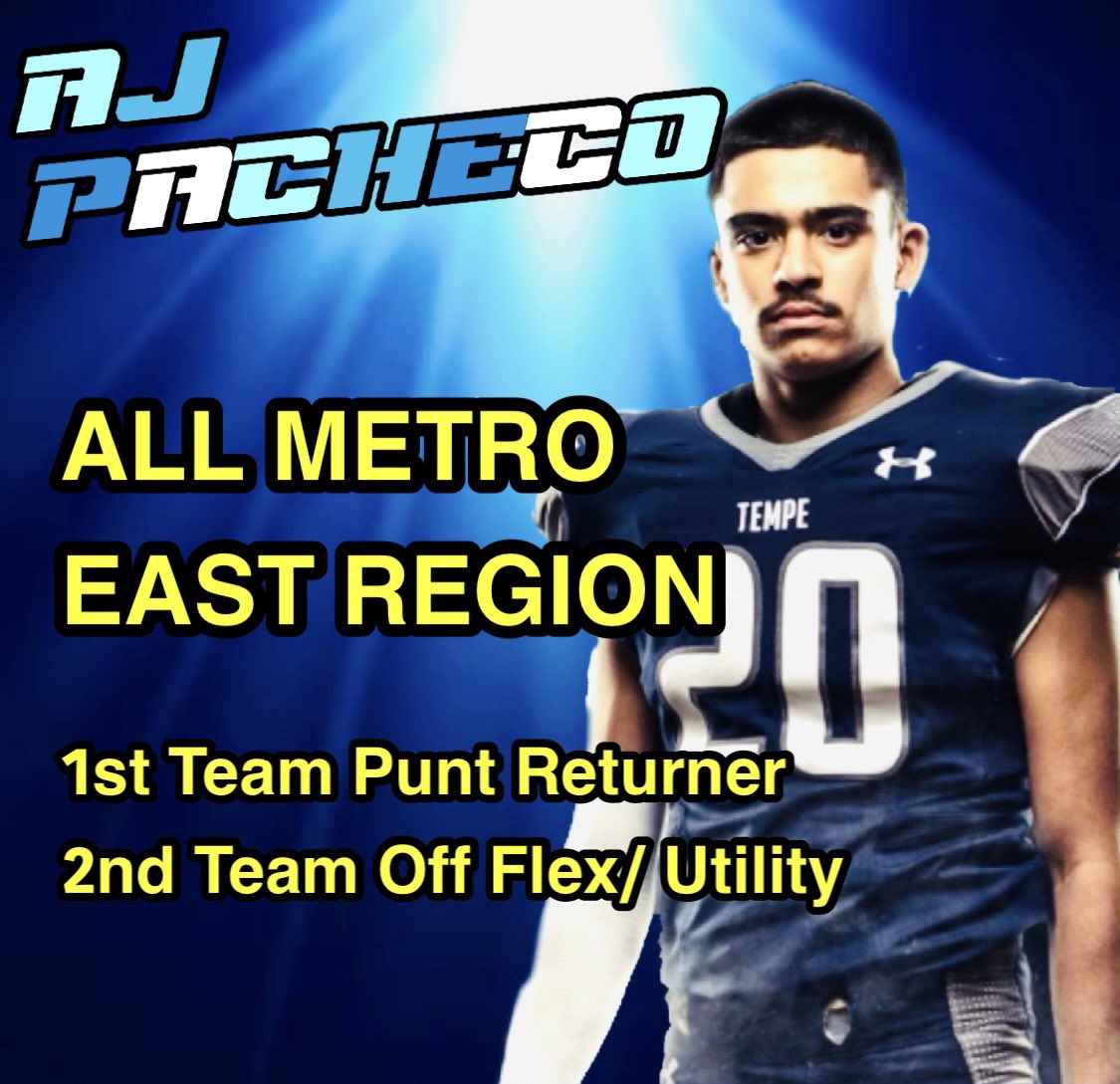 Tempe High School Football (@tempefootball) on Twitter photo We want to congratulate #Senior <a href="/AJPacheco_20/">Anatolio Pacheco</a> for his Metro East #AllRegionSelection.
⭐️1st Team Punt Returner and
⭐️2nd Team Offensive Flex/ Utility Player
<a href="/TempeHigh_TUHSD/">Tempe High School</a> We want to congratulate #Senior <a href="/AJPacheco_20/">Anatolio Pacheco</a> for his Metro East #AllRegionSelection.
⭐️1st Team Punt Returner and
⭐️2nd Team Offensive Flex/ Utility Player
<a href="/TempeHigh_TUHSD/">Tempe High School</a>