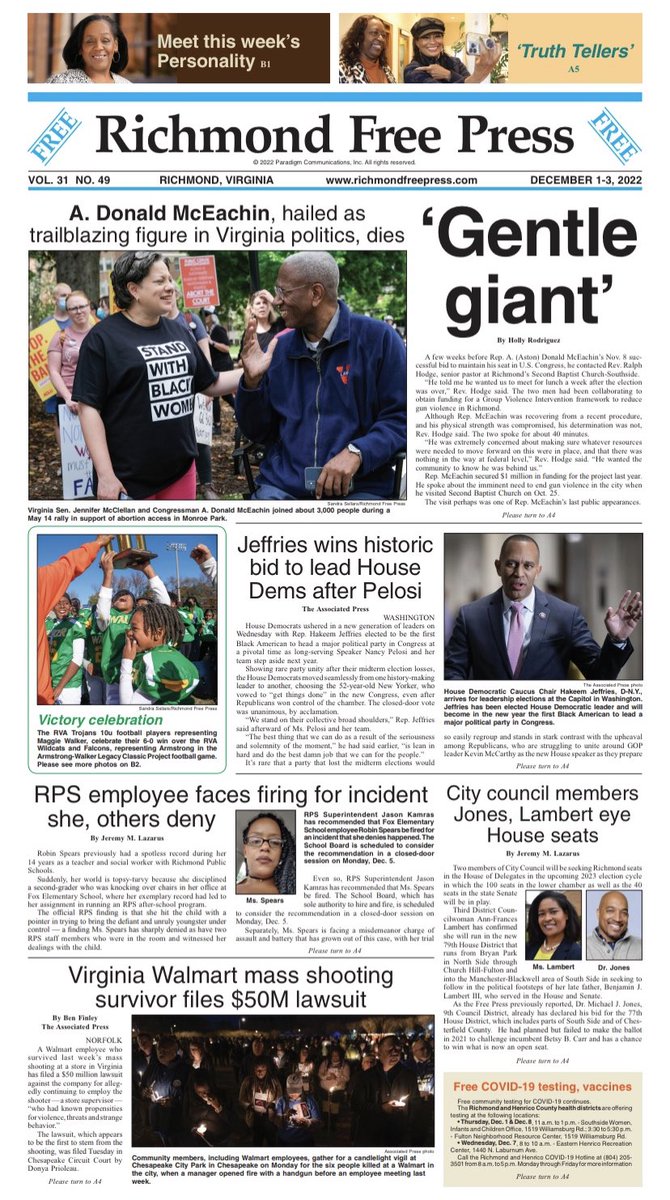 FreePressRVA's tweet photo. Pick up our latest edition or read online: https://t.co/yFLu6n0G3b. #richmondfreepress #rfpstrong #headlines #1A #news #local #BlackPress #journalism #photojournalism #watchdog. https://t.co/QvAGmTw4I9
