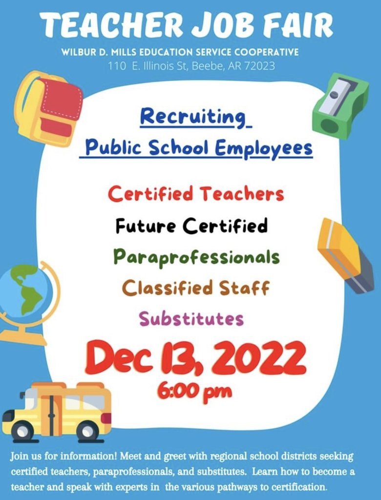 Beebe_Schools's tweet photo. BSD will have representatives ready to speak with you at the WDMESC Job Fair coming up on December 13th! Stop by to see what a career with Beebe Schools could look like for you! #BPRD https://t.co/6LsrQmcBun