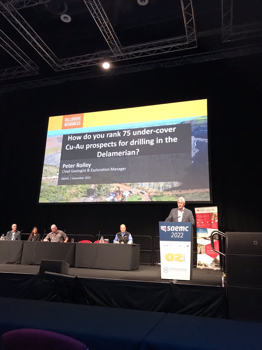 anna_chica's tweet photo. Hillgrove Resources’ Peter Rolley kicks off session 2 at @_SAEMC looking at Cu-Au systems in the Delamerian - and how to rank over 75 targets that are under cover? Looking forward to this talk, cover’s not an impediment - it can be an ally too! #saemc22 https://t.co/dFB0xbAONi