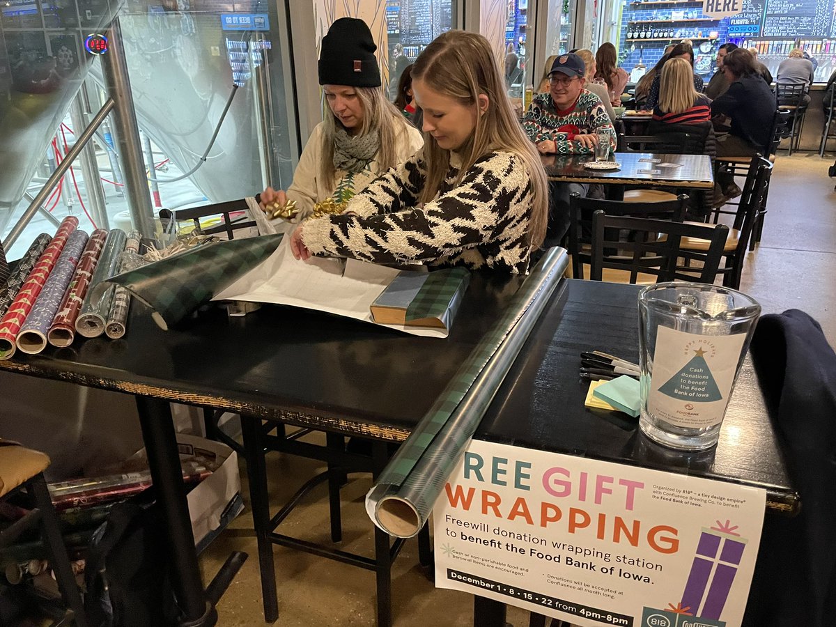 ThomasCWoody's tweet photo. Free gift wrapping at @ConfluenceBrew every Thursday up till Christmas thanks to the ladies at @818iowa. 
Free will donations donated to the @FOODBANKIOWA. https://t.co/HDxbMd2pMs