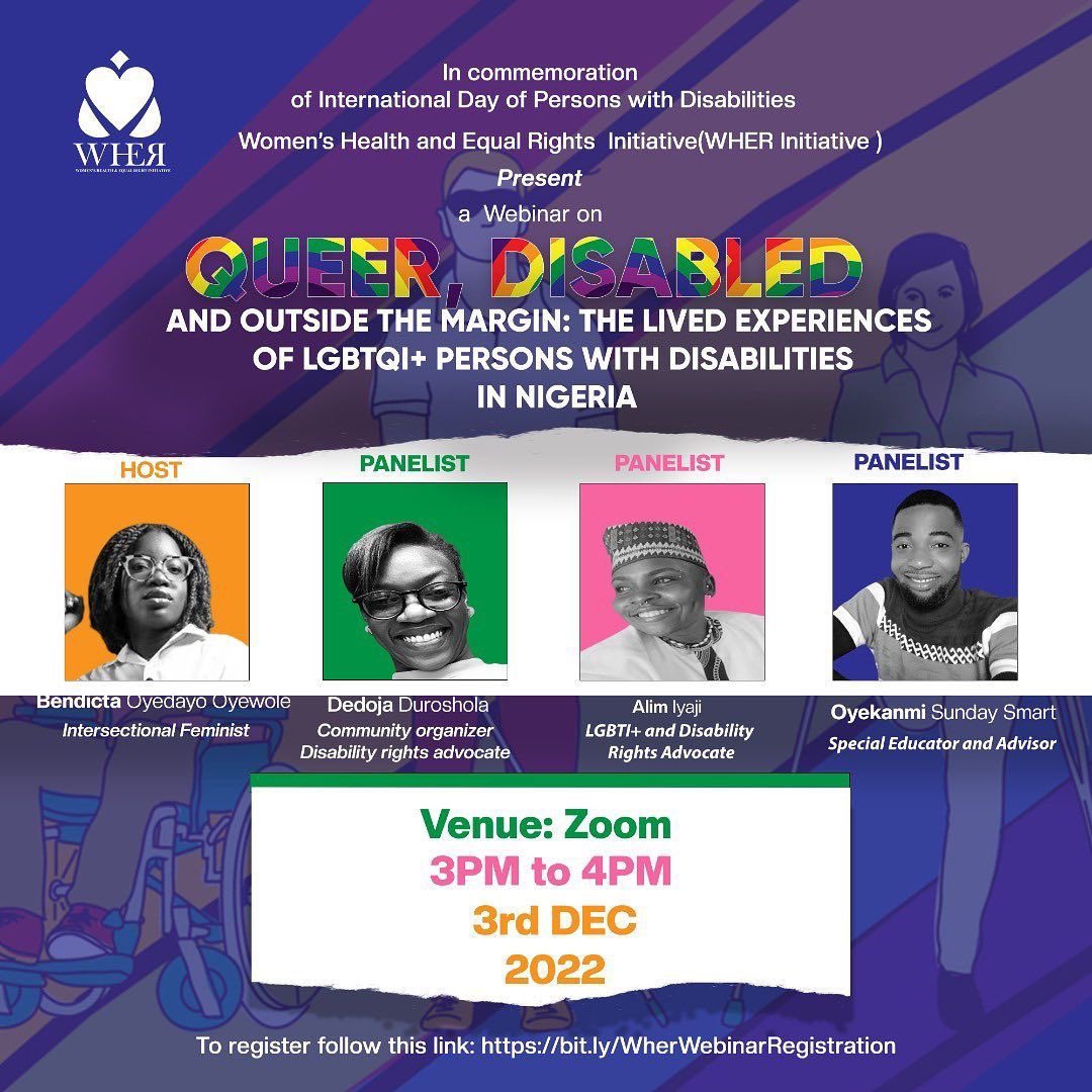 AkudoOguaghamba's tweet photo. Join us on Saturday 3pm WAT to discuss about the needs of LGBTIQ people with disabilities. We will be sharing our findings in a recently concluded needs assessment. Please RSVP and join us. #LGBTIQPWDs #Queerinclusion #inclusionanddiversity #inclusionmatters #DisabilityInclusion https://t.co/g5Cj5I7C6r