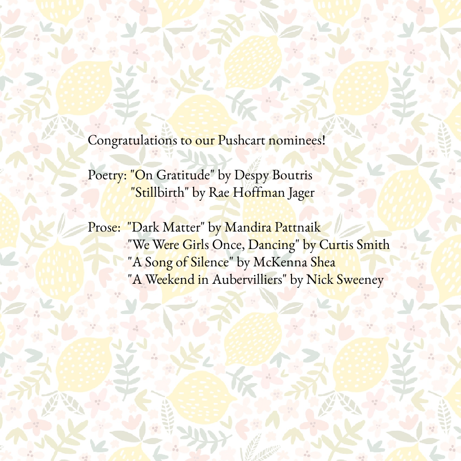 Contrary Magazine (@contrarymag) on Twitter photo Congrats to our Pushcart nominees!
"On Gratitude" <a href="/itsdbouts/">Despy Boutris</a>
"Stillbirth" <a href="/RaeHoffmanJager/">Rae Hoffman Jager</a>
"Dark Matter" <a href="/MandiraPattnaik/">Mandira Pattnaik</a>
"We Were Girls Once, Dancing" Curtis Smith
"A Song of Silence" McKenna Shea
"A Weekend in Aubervilliers" <a href="/nikone3na/">Nick Sweeney</a>
contrarymagazine.com Congrats to our Pushcart nominees!
"On Gratitude" <a href="/itsdbouts/">Despy Boutris</a>
"Stillbirth" <a href="/RaeHoffmanJager/">Rae Hoffman Jager</a>
"Dark Matter" <a href="/MandiraPattnaik/">Mandira Pattnaik</a>
"We Were Girls Once, Dancing" Curtis Smith
"A Song of Silence" McKenna Shea
"A Weekend in Aubervilliers" <a href="/nikone3na/">Nick Sweeney</a>
contrarymagazine.com