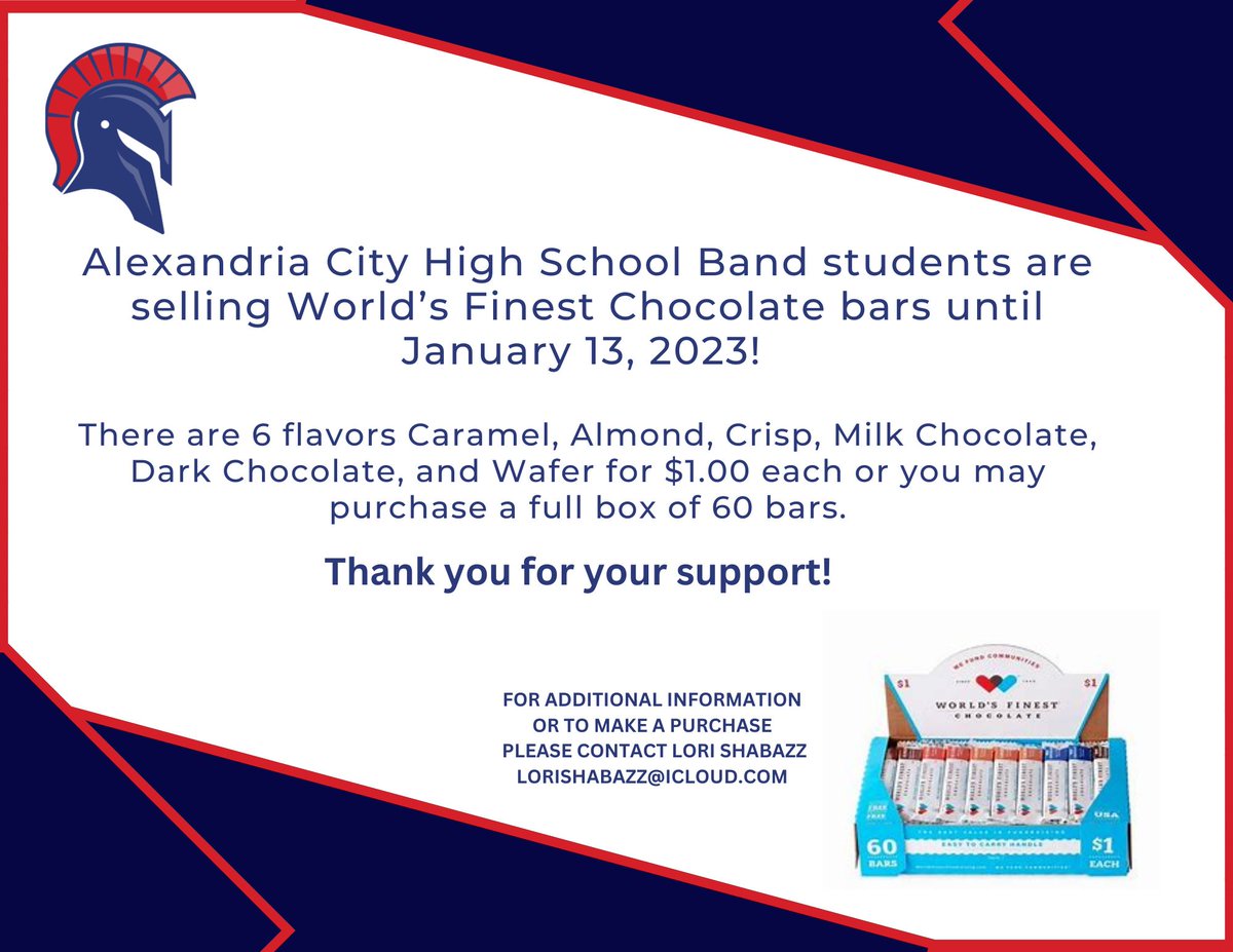 AchsBand's tweet photo. Get your chocolate from ACHS Band Members until 1/13/23!!! Proceeds help offset costs for the band's performance at Universal Studios in Orlando, FL. https://t.co/sGg3wNyrDF