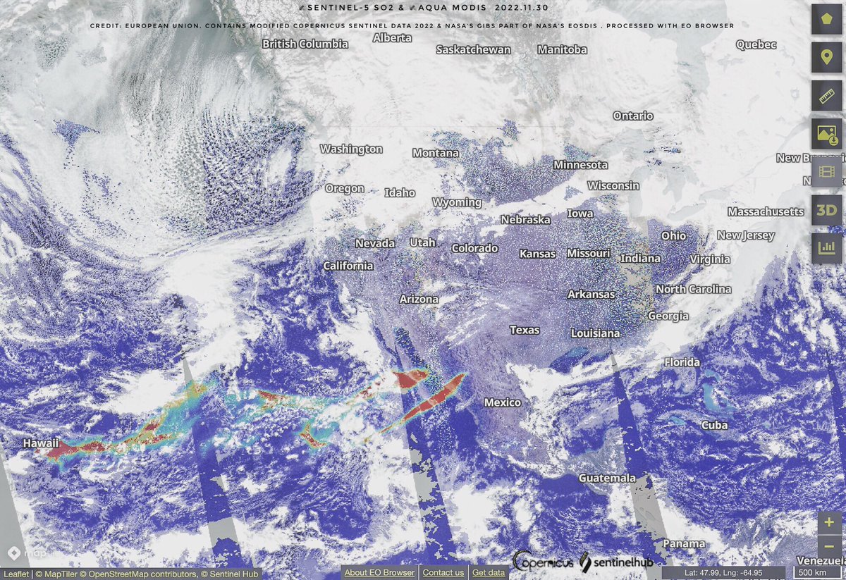 #MaunaLoa #Hawaii  2022.11.30
SO2 Plume Mauna Loa moves over the Pacific and  the North American continent, as you can clearly see on this overlayed 🖼🖼
approx. 4800km from the place of eruption
 
📸🛰#Sentinel5 SO2
📸🛰#Auqa MODIS

Footage: @CopernicusEU @NASA @sentinel_hub