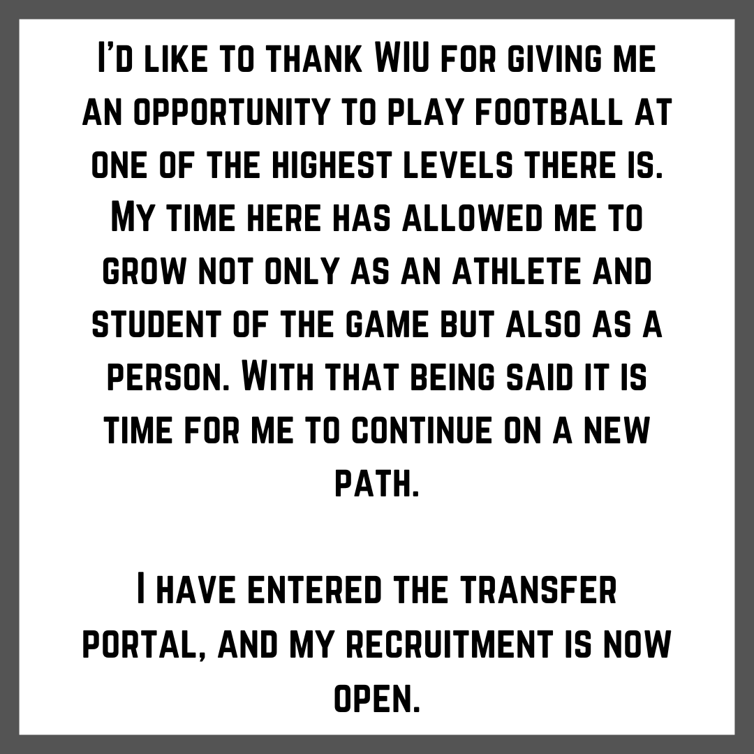 aidan_chance's tweet photo. I am grateful for everyone at WIU who helped me get to where I am today. I have officially entered my name into the transfer portal and my recruitment is now open.

Watch my film here:
https://t.co/ut1XjELZzi https://t.co/MN0PbTfL4E