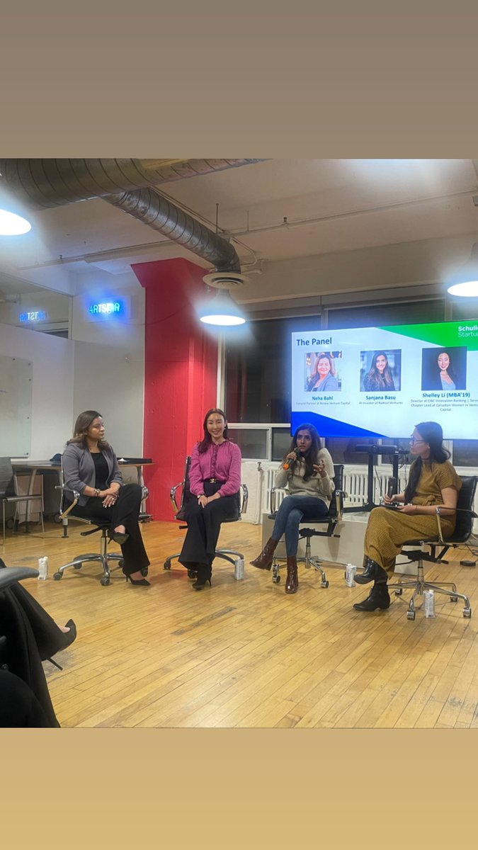 Supporting my friend <a href="/StartupwithShel/">Shelley Li</a> kill it at the #SchulichStartups panel on Women in VC alongside <a href="/SanjanaBasu14/">Sanjana Basu</a> &amp; Neha Bahl 👏🏿👏🏿 <a href="/CIBCInnovation/">CIBC Innovation</a> <a href="/radicalvcfund/">Radical Ventures</a> <a href="/renew_vc/">Renew Venture Capital®</a>