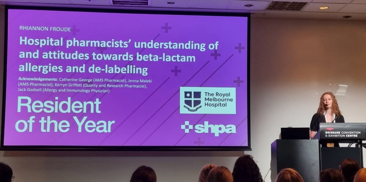 So proud of our 'Resident of the Year' finalist Rhiannon Froude outlining the impacts she had on improving pharmacists' knowledge and skills to de-label beta-lactam allergies. #MM2022SHPA