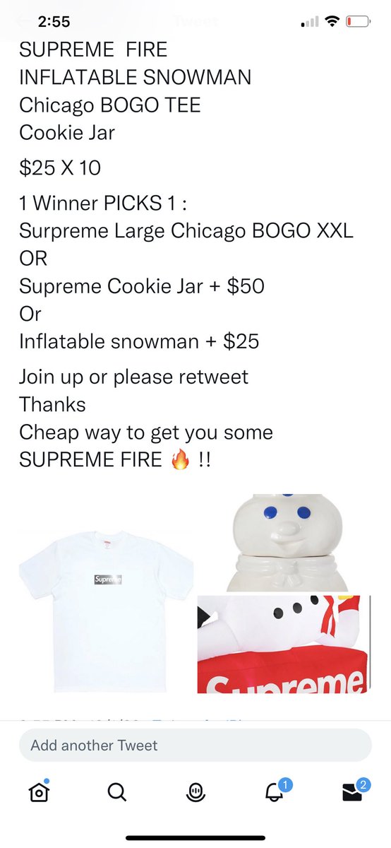 Mustangman8793's tweet image. MINI TO FILL MAIN 100%

SUPREME  FIRE 
INFLATABLE SNOWMAN
Chicago BOGO TEE
Cookie Jar 
Jordan 1 L&amp;amp;F  6.5 GS/Y

$13 X 10 

5 Winners EACH GET A MAIN !!
Join up or please retweet 
Thanks 
Cheap way to get you some SUPREME FIRE 🔥 !!