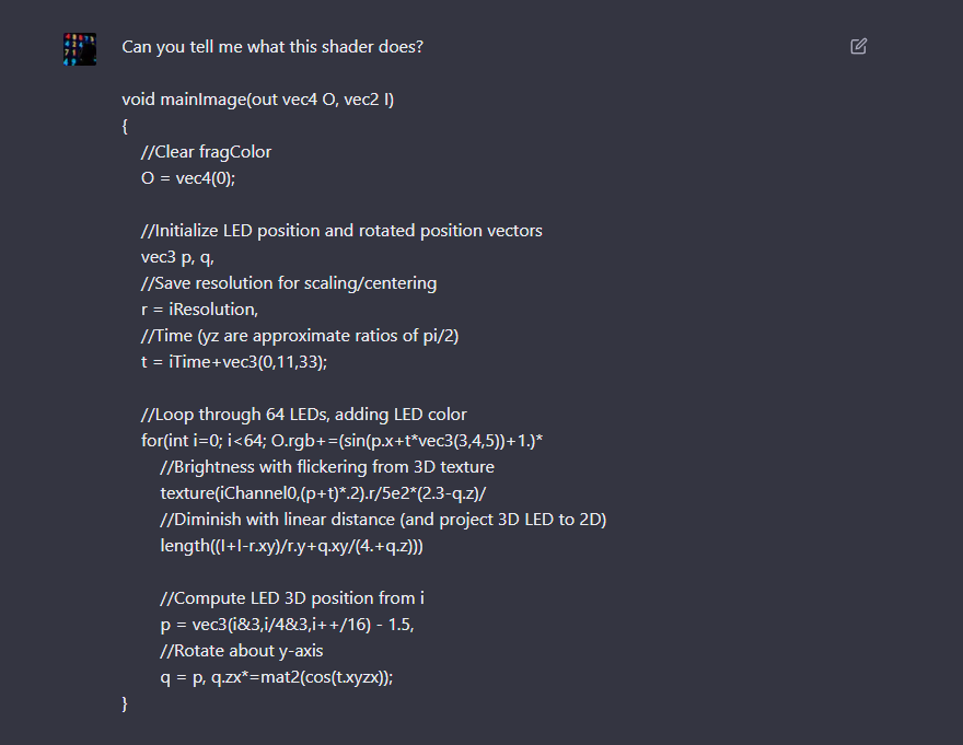 XorDev's tweet photo. Uh, ChatGPT knows what my shader does from reading the code... https://t.co/2hXnOL9adT