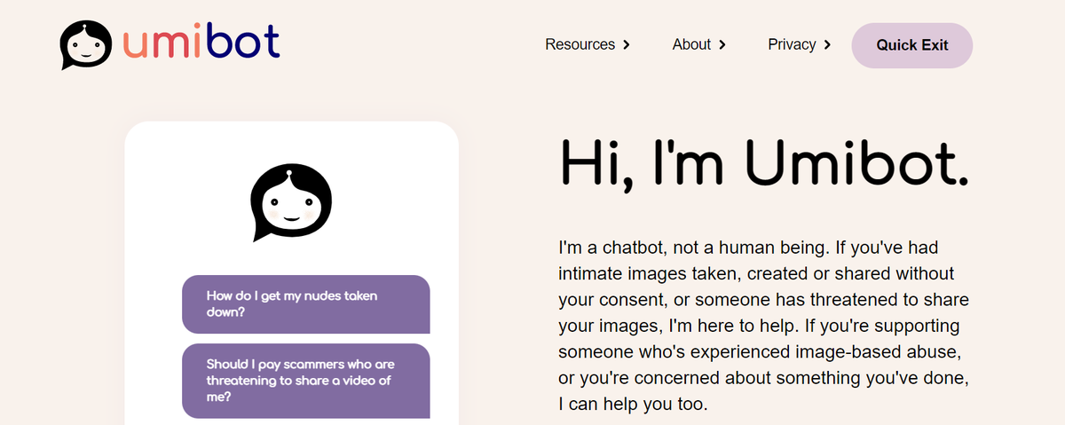 Check out the newly launched Umibot, a chat bot designed to help people get help and information about image-based abuse. A brilliant initiative from @n_henry and @aliceeawitt at @RMIT umi.rmit.edu.au