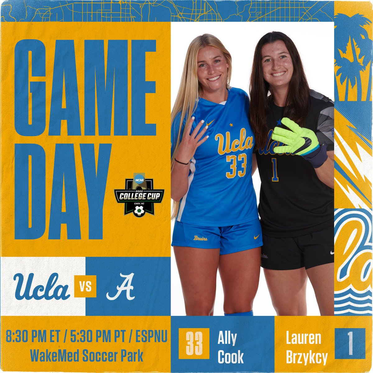 It's finally here - it's #gameday at the #WCollegeCup! 🆚: @AlabamaSoccer 📍: WakeMed Soccer Park ⌚: 8:30pm ET/5:30pm PT 📺: @ESPNU 📲: espn.com/watch 📊: bit.ly/3gRvqKq #GoBruins | #NCAASoccer