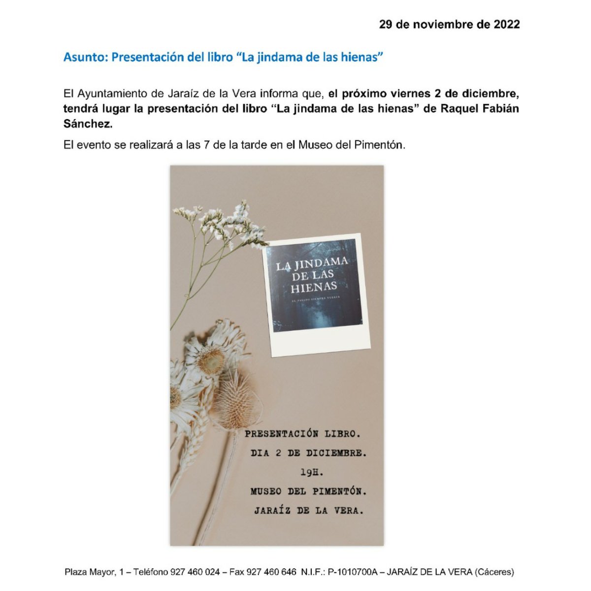 #jaraizdelavera #cultura #leeresvida #rakellfabian #extremadura #siberiaextremeña

Esta tarde estaré en Jaraiz de la Vera, en el museo del pimentón,  presentando mi última novela, La Jindama De Las Hienas.  Os espero!