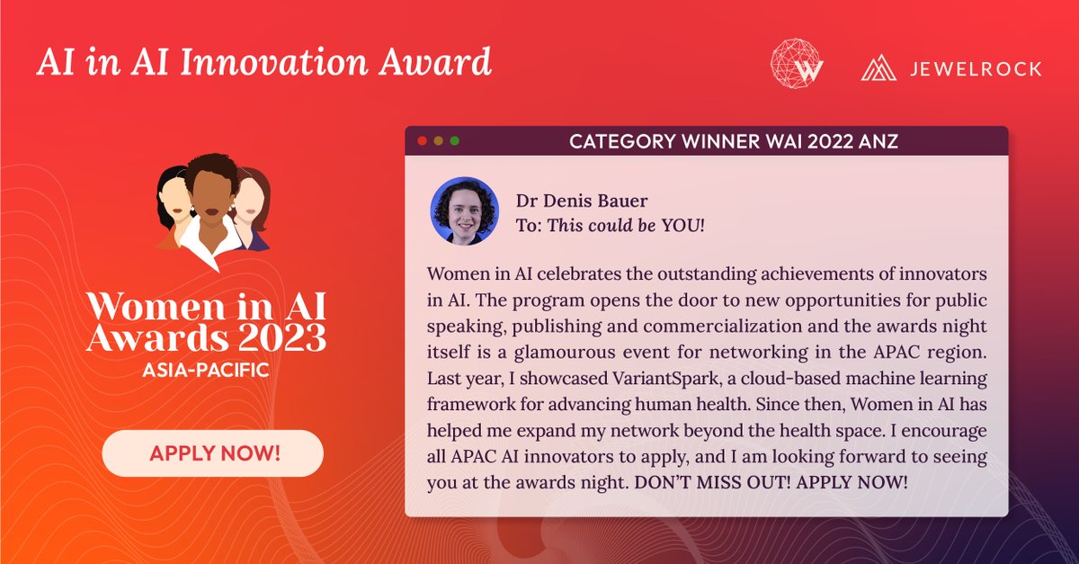 Women in AI (@women_in_ai) on Twitter photo Working in AI in innovation? THIS. IS. YOUR. SIGN. TO. APPLY! 🛎
Here is a message from <a href="/allPowerde/">Denis Bauer</a> - AI in Innovation Award winner at WAI Awards 2022 ANZ encouraging you to apply now for the WAI Awards 2023 APAC!
➡️womeninai.co/waiawards2023a… Working in AI in innovation? THIS. IS. YOUR. SIGN. TO. APPLY! 🛎
Here is a message from <a href="/allPowerde/">Denis Bauer</a> - AI in Innovation Award winner at WAI Awards 2022 ANZ encouraging you to apply now for the WAI Awards 2023 APAC!
➡️womeninai.co/waiawards2023a…