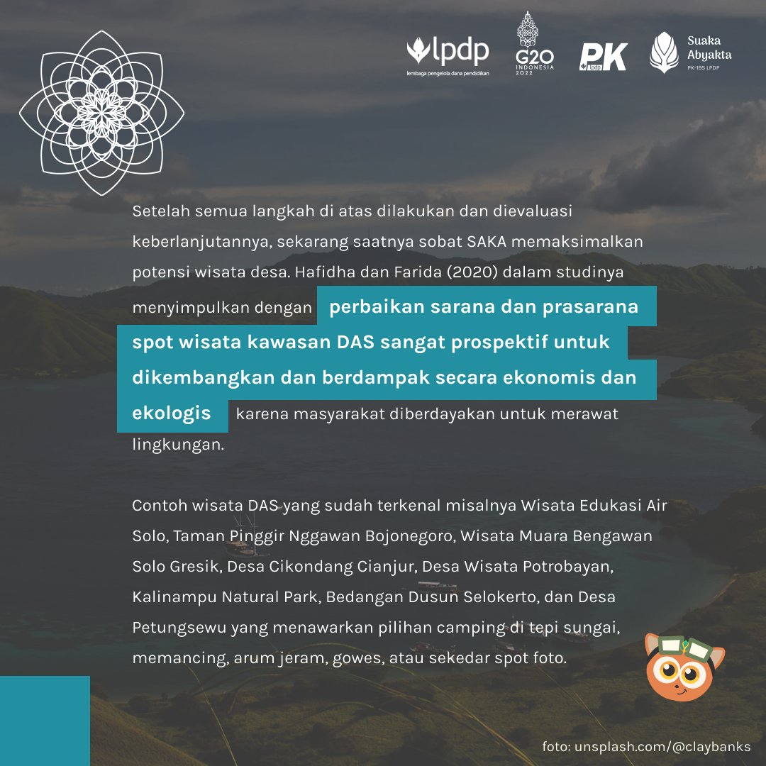 vincentshs's tweet photo. Hai Sobat SAKA!

SAKA mau kasih info nih gimana sih langkah selanjutnya untuk melindungi Daerah Aliran Sungai kita! 
1. Perlindungan Mata Air 
2. Optimasi Potensi Wisata Pemukiman Ramah DAS

@LPDP_RI 
#akupastimengabdi
#diriuntuknegeri
#sdmunggulIndonesiamaju
#pk195
#suakaabyakta https://t.co/0jLvk4fxoZ