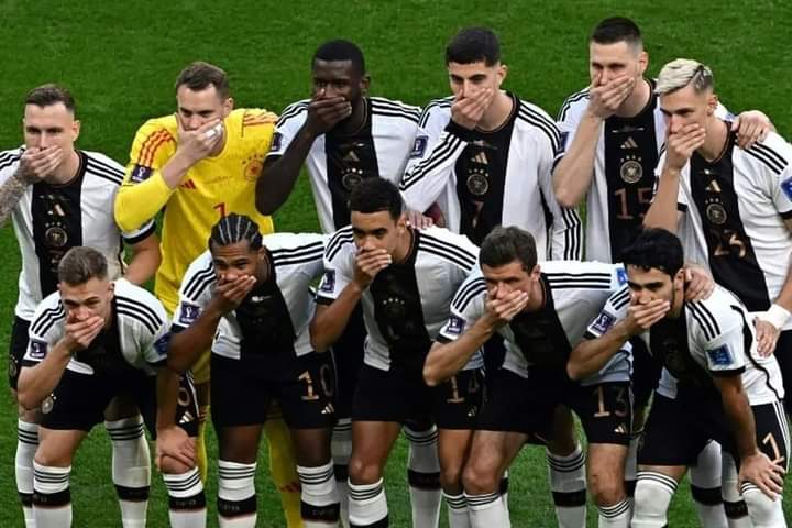 Muhami45's tweet photo. Germany didn't travel to Qatar to play football, they went there to police Qataris, and impose their beliefs in the name of Human Right.

@FIFAWorldCup @qatar @Qatar2022Fans @DFB_Team_EN https://t.co/LdqpTvuDTH