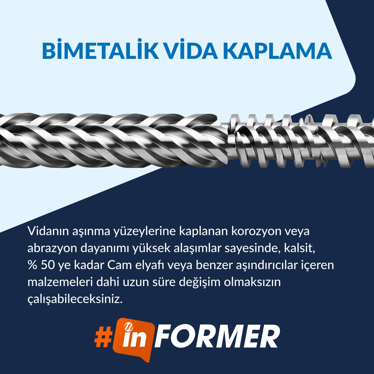 FormerMakine's tweet photo. Vidanın aşınma yüzeylerine kaplanan korozyon veya abrazyon dayanımı yüksek alaşımlar sayesinde, kalsit, 
% 50 ye kadar Cam elyafı veya benzer aşındırıcılar içeren malzemeleri dahi uzun süre değişim olmaksızın çalışabileceksiniz. https://t.co/vHXHX9WWzu