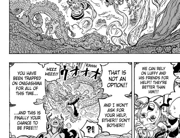 GreenBull_'s tweet photo. Can’t believe people say they weren’t gonna jump Greenbull yamato literally said “we can rely on Luffy and his friends for help” but Momonosuke didn’t want help. Yamato still could’ve went out her way to ask for help and greenbull did not wanna risk getting jumped by shanks&amp;luffy https://t.co/cA8UbyCDS6