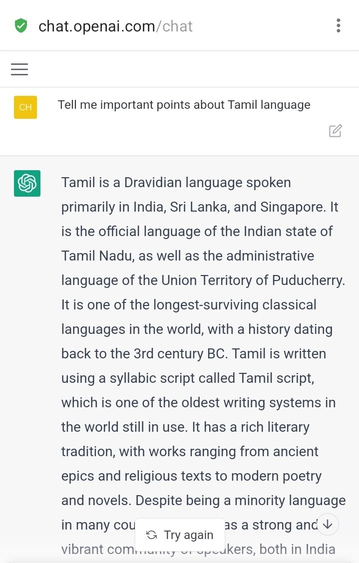 MohanC3S's tweet image. Now the AI chatGPT is working marvelous.

#Tamil #Oldestlanguage