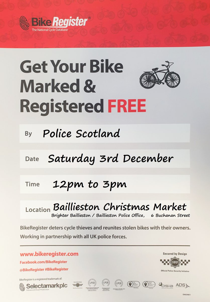 GlasgowNEPolice's tweet photo. @GlasgowNEPolice will be at Baillieton Christmas Market Saturday 3rd December 12-3pm. Come along and get your bike marked and registered for FREE inside the Police Station @bikeregister @BBaillieston https://t.co/WTaxuOTIB9