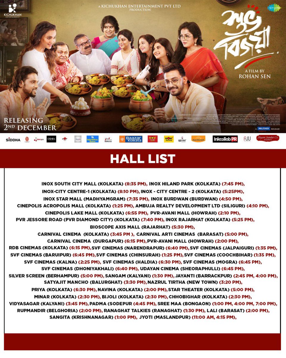 #SubhoBijoya final hall list with showtimings ! 
Releasing today...
Book your tickets now...in.bookmyshow.com/buytickets/sub…

<a href="/KGunedited/">Kaushik Ganguly</a> <a href="/utterlyChurni/">Churni Ganguly</a> <a href="/bonysengupta/">Bonny</a> <a href="/KoushaniMukher1/">Koushani Mukherjee</a> <a href="/devtanuact/">Devtanu</a> #kharajmukherjee 
Director - <a href="/rohan_sen2000/">Rohan Sen</a> 

<a href="/KichukhanEnt/">Kichukhan Entertainment</a> 
#BanglaCinema