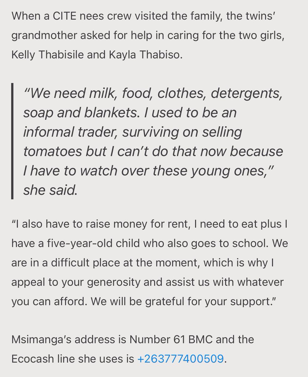 Realbeefactor's tweet photo. Bulawayo, Zimbabwe lets help. Twins Kelly and Keilla lost their mother Confidence Msimanga (17), 9 days after giving birth through a C- section.They are now in the care of their grandmother who is seeking help
Do find details attached in the article on how to Help. #Zimbabwe https://t.co/Wui4E6sQUB
