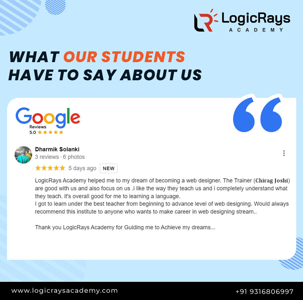 Logicraysacad's tweet image. What our students have to say about LogicRays Academy!
Call today for more info at +91 93168 06997 else visit us at logicraysacademy.com
#LogicRaysAcademy #ittraining #itinstitute #itcompany #LogicRays #ahemdabad #webdesign #graphicdesign #python #reactjs #django #php #nodejs