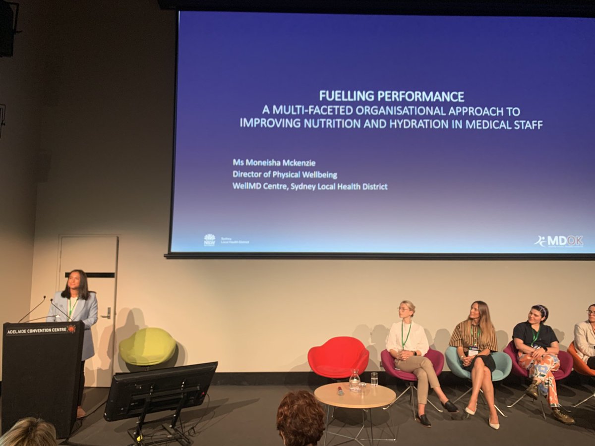 BethanRichards3's tweet photo. Director of Physical Wellbeing ⁦@SydneyLHD⁩ highlighting the importance of a multifaceted approach to optimising nutrition and hydration of medical staff at #ADHC2022. Be curious to truly understand the barriers and empower the front line to help lead the change. #MDOK https://t.co/qTlczdykkH