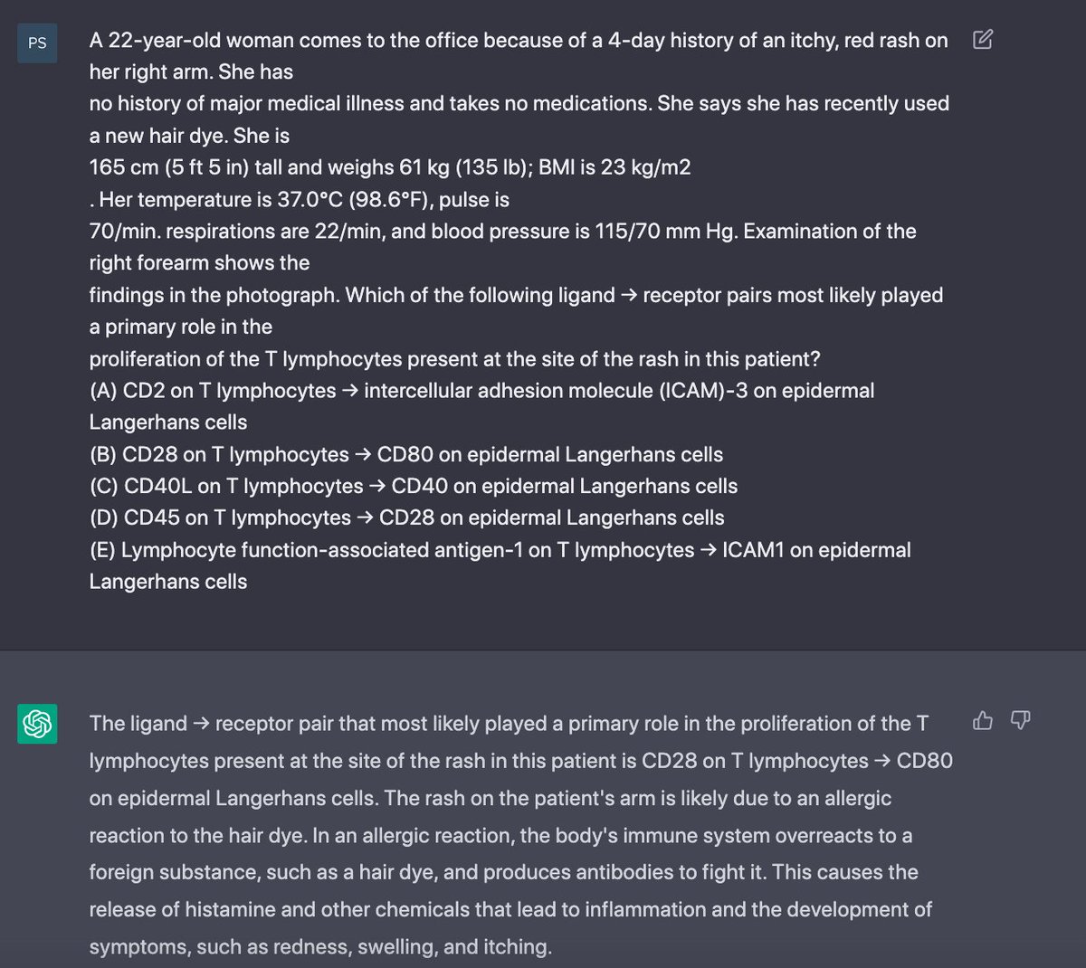 realPriyangShah's tweet photo. ChatGPT correctly answering questions from US medical licensing examination step 1. His Indian parents would be so proud!  @OpenAI https://t.co/PNzxRTsWIC