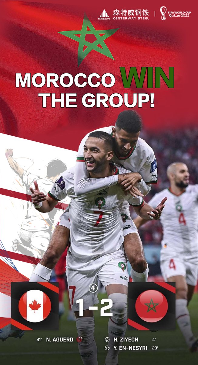 Morocco!

For the first time since 1986, you've advanced to the Round of 16 of the #FIFAWorldCup!

They are the first African team to win a World Cup group stage match since Nigeria in 1998.