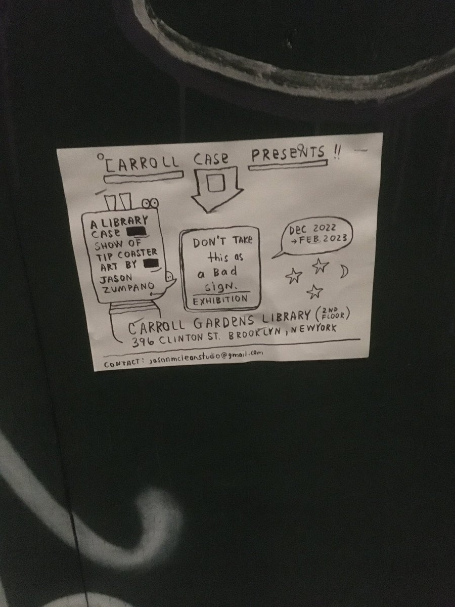#carrollcase at the #carrollgardenslibrary presents ‘don’t take it as a bad sign’ a solo show of <a href="/JAZrecs/">JAZ Records</a> #jasonzumpano of tip jar coaster art at 396 Clinton st. 2nd fl #brooklyn curated by <a href="/jasonmcleanart/">jasonmclean</a>