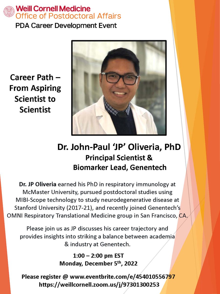 WCMPostdocs's tweet photo. @jp_oliveria will discuss his career trajectory and provides insights into striking a balance between academia and industry at Genentech. https://t.co/5LKAI8SVnI